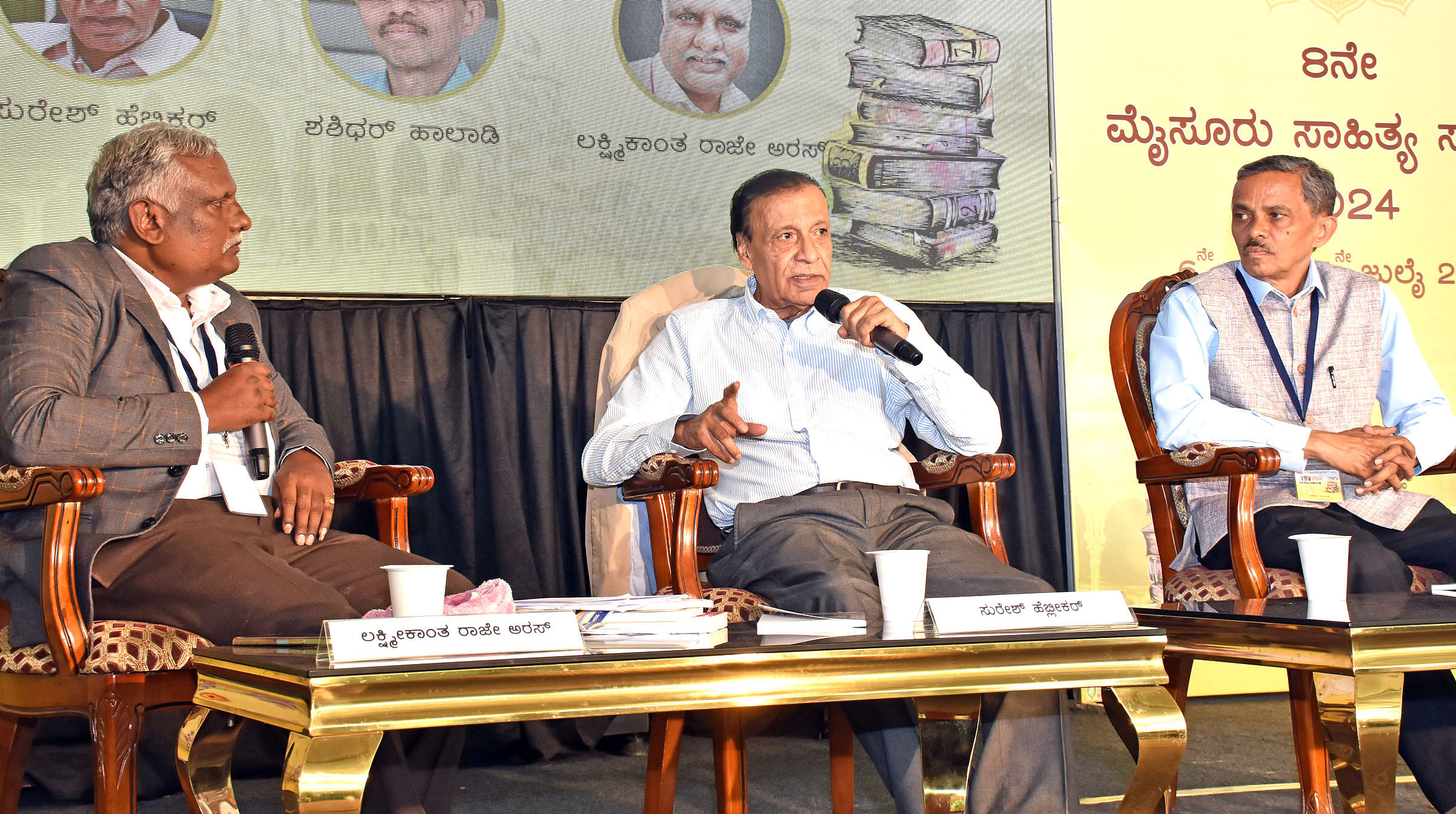 <div class="paragraphs"><p>Suresh Heblikar, Shashidhara Haaladi and Lakshmikantha Raje Urs during a panel discussion at MLF. </p></div>